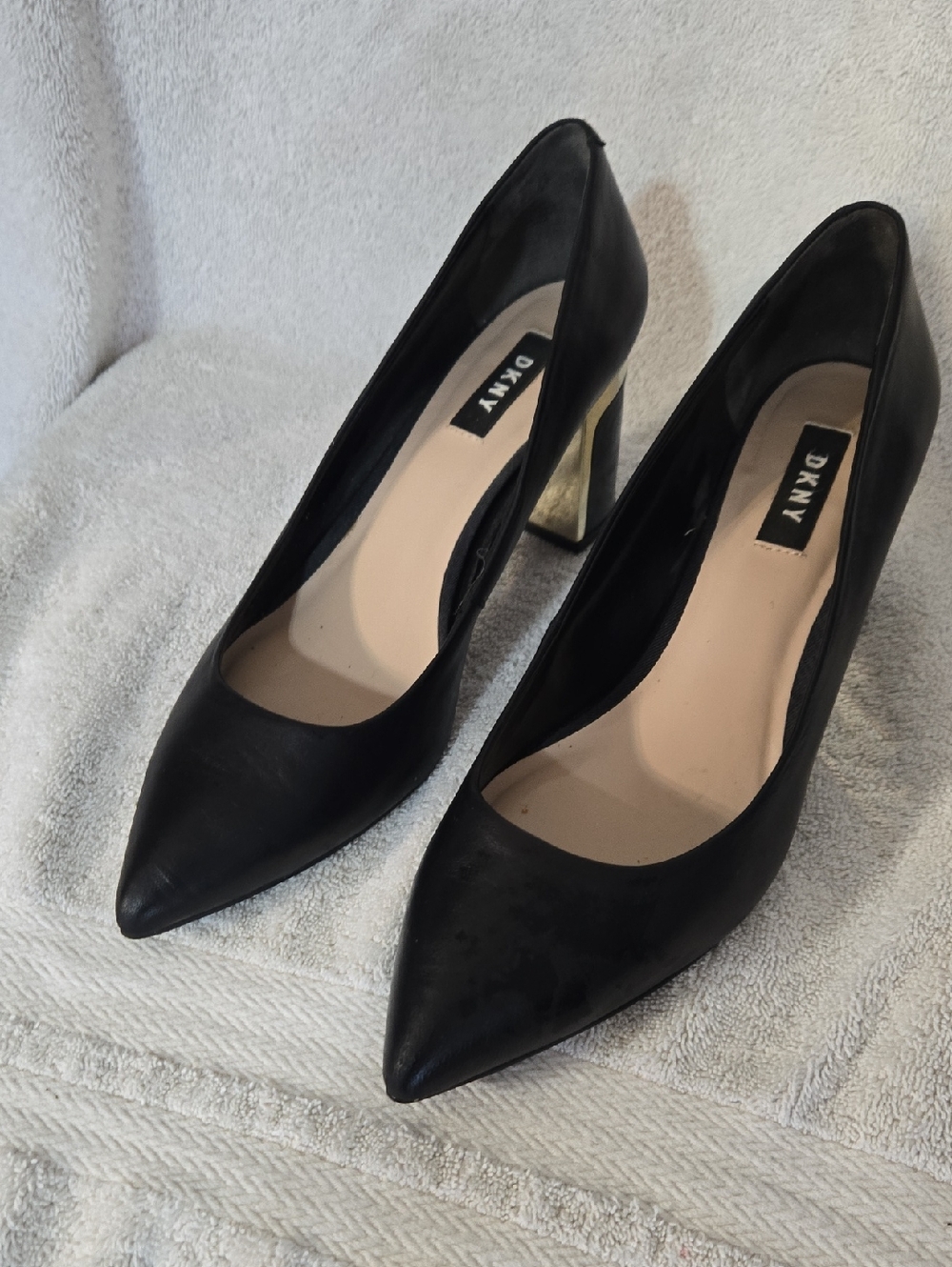 DKNY Black Pointed-Toe Pumps with Gold Block Heel